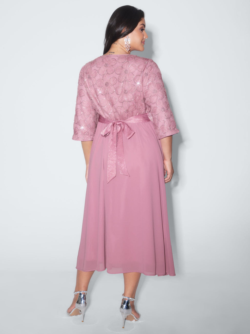 Sequin Floral Tulle Shirred Waist Midi Dress