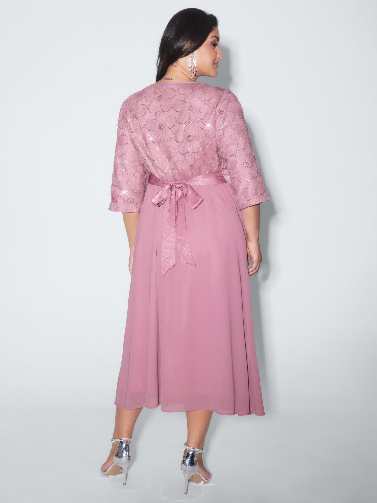 Sequin Floral Tulle Shirred Waist Midi Dress