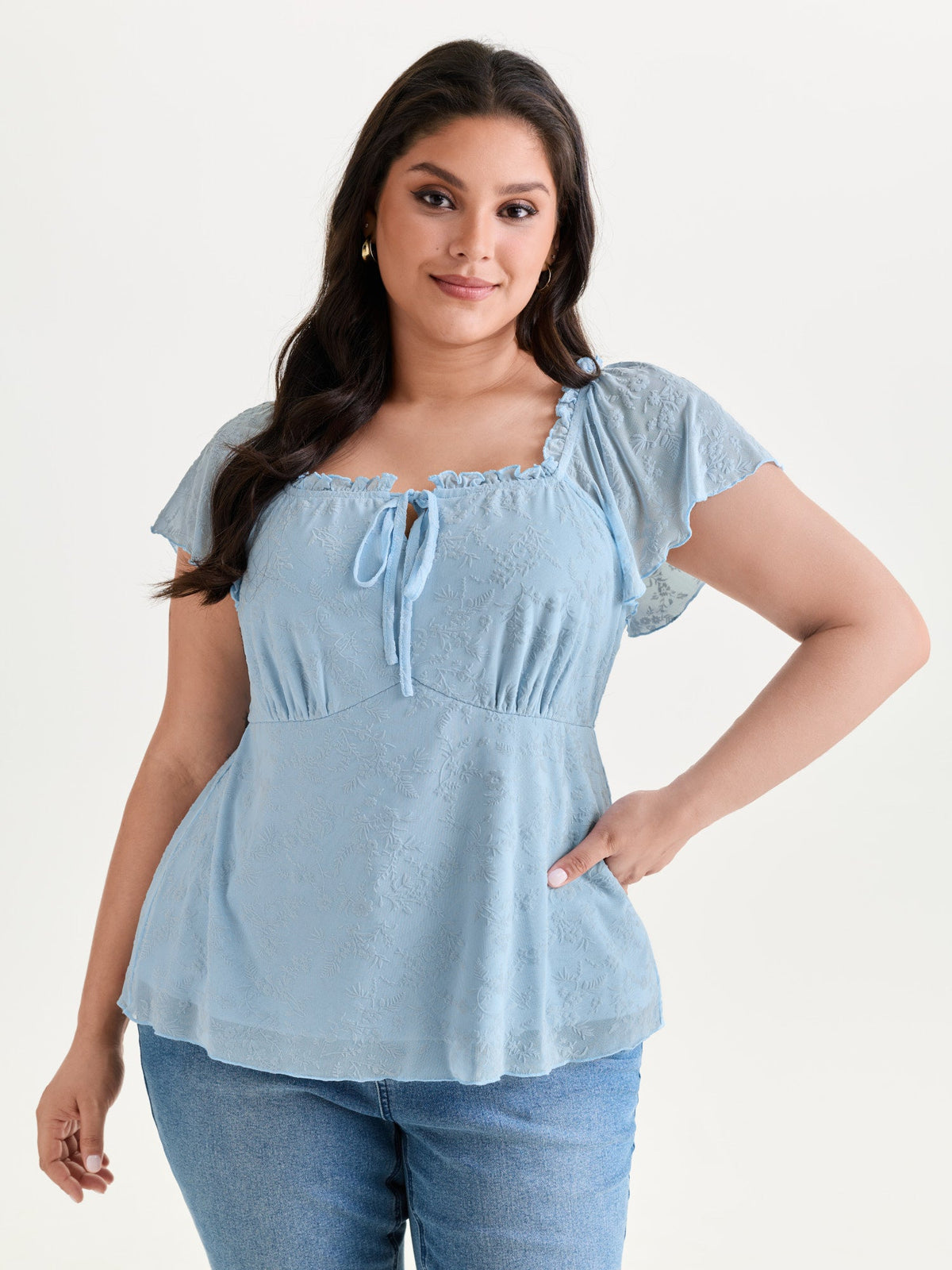 Flocked Floral Drawstring Neckline Knit Top