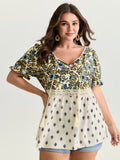 Floral Print Lace Neckline Flowy Blouse