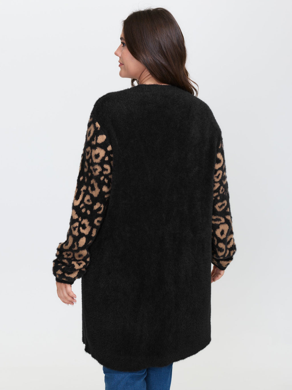 Leopard Jacquard Furry Open-Front Knit Cardigan