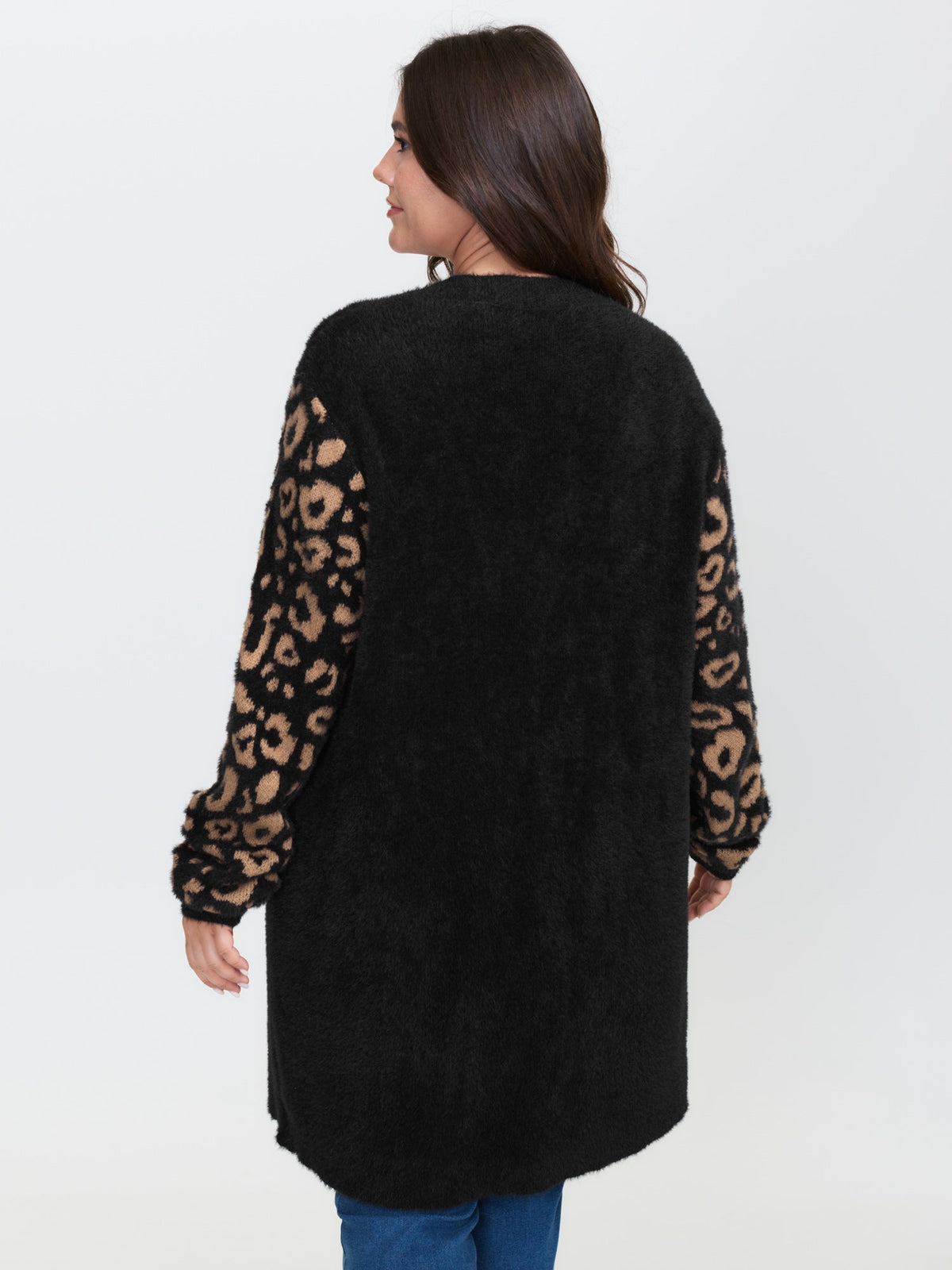 Leopard Jacquard Furry Open-Front Knit Cardigan