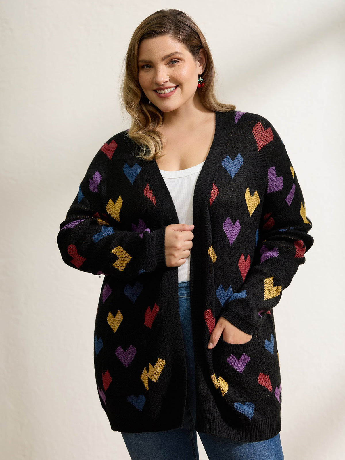 Colorful Hearts Jacquard Pockets Knit Cardigan