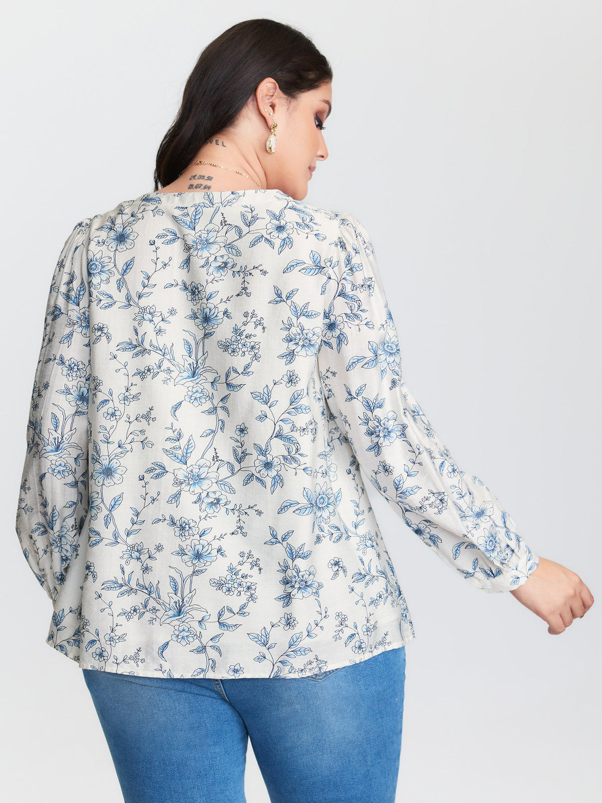 Floral Print Neckline Tie Blouse