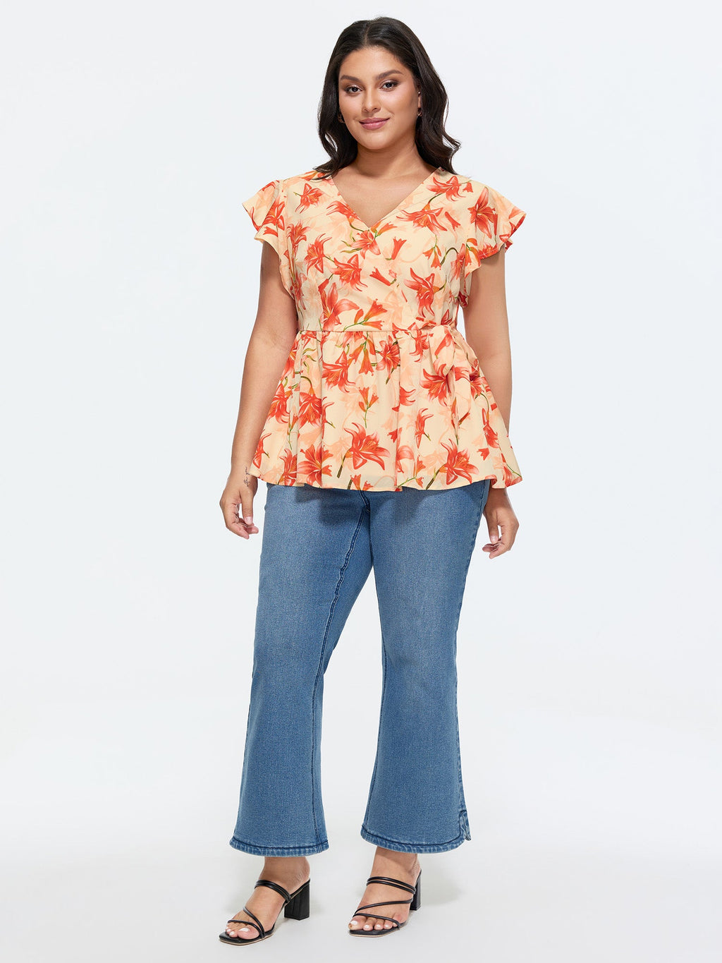 Floral Print Stretchy Wrap Tie Blouse