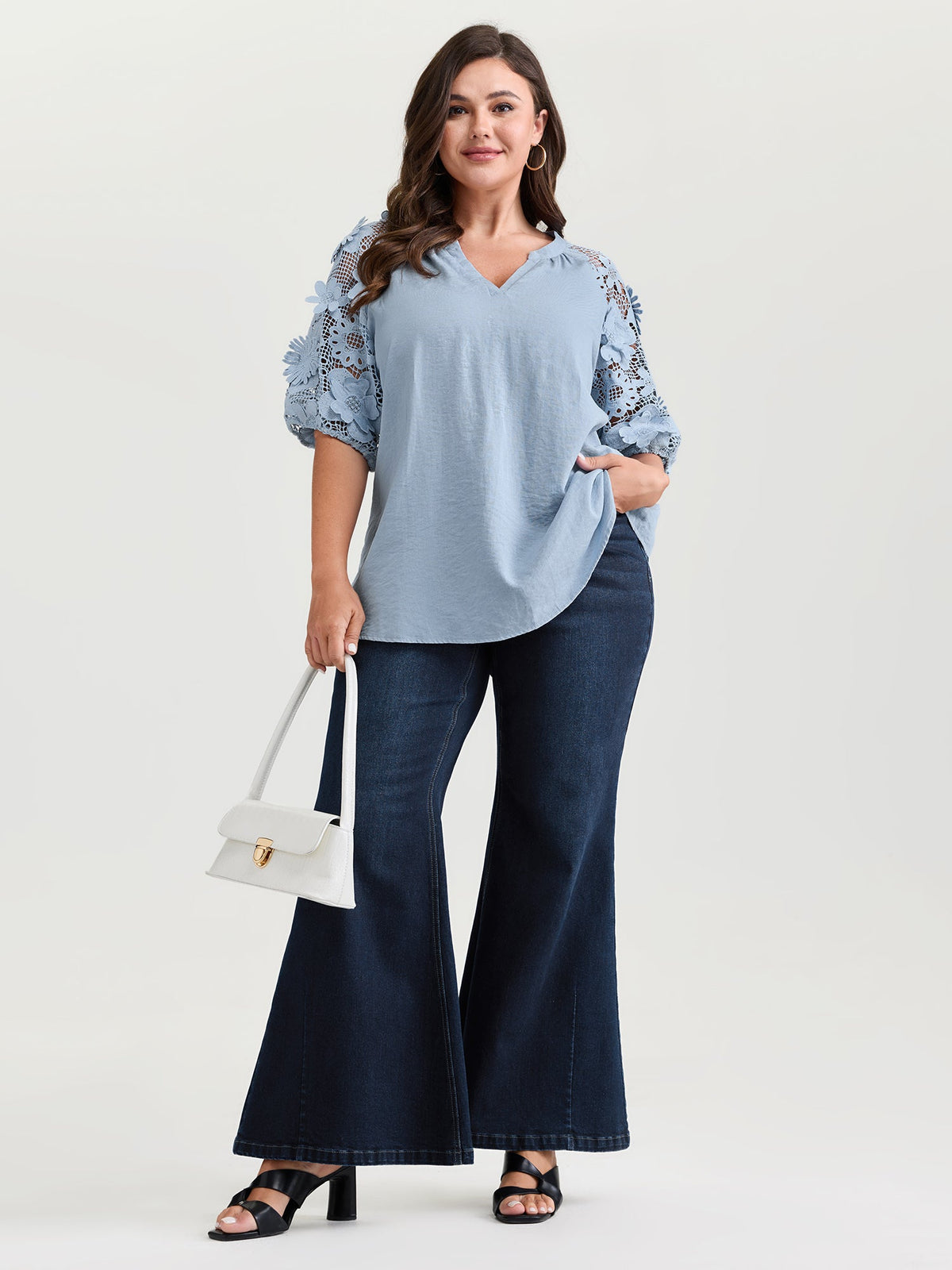 3D Floral Sleeve Spliced Flowy Blouse