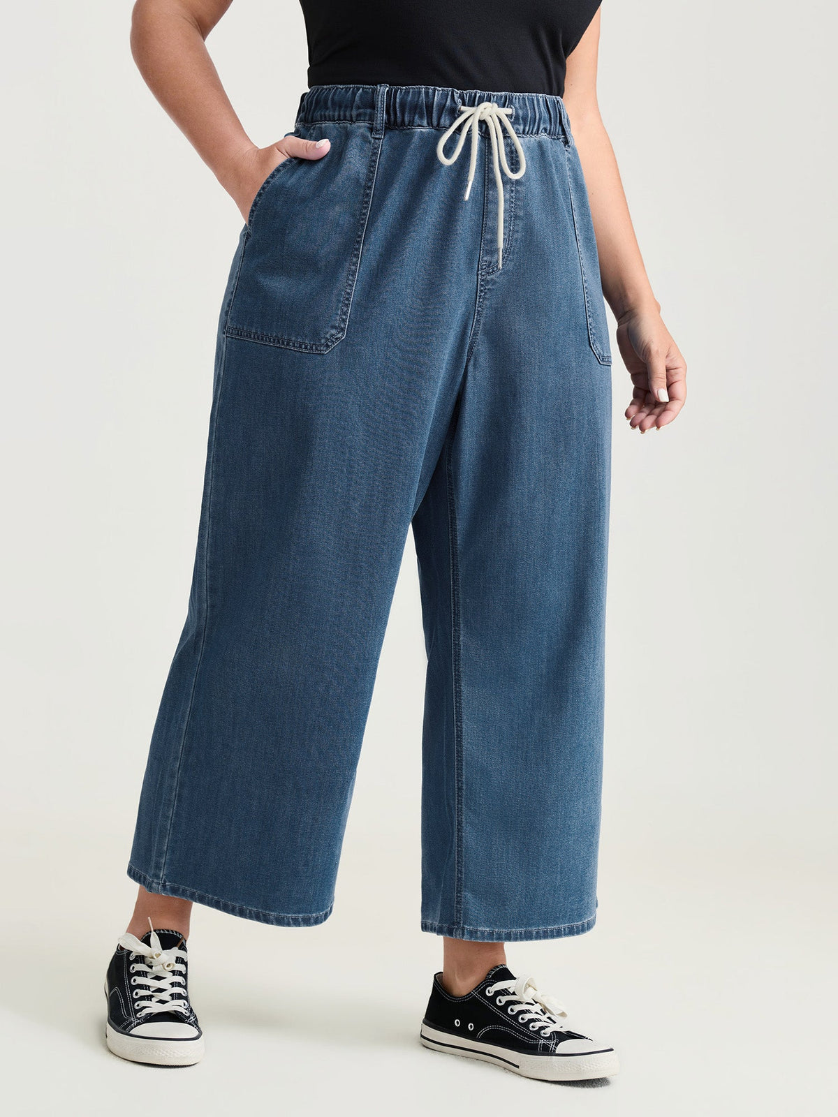 Pull-On Drawstring Elastic Waistband Wide-Leg Jeans