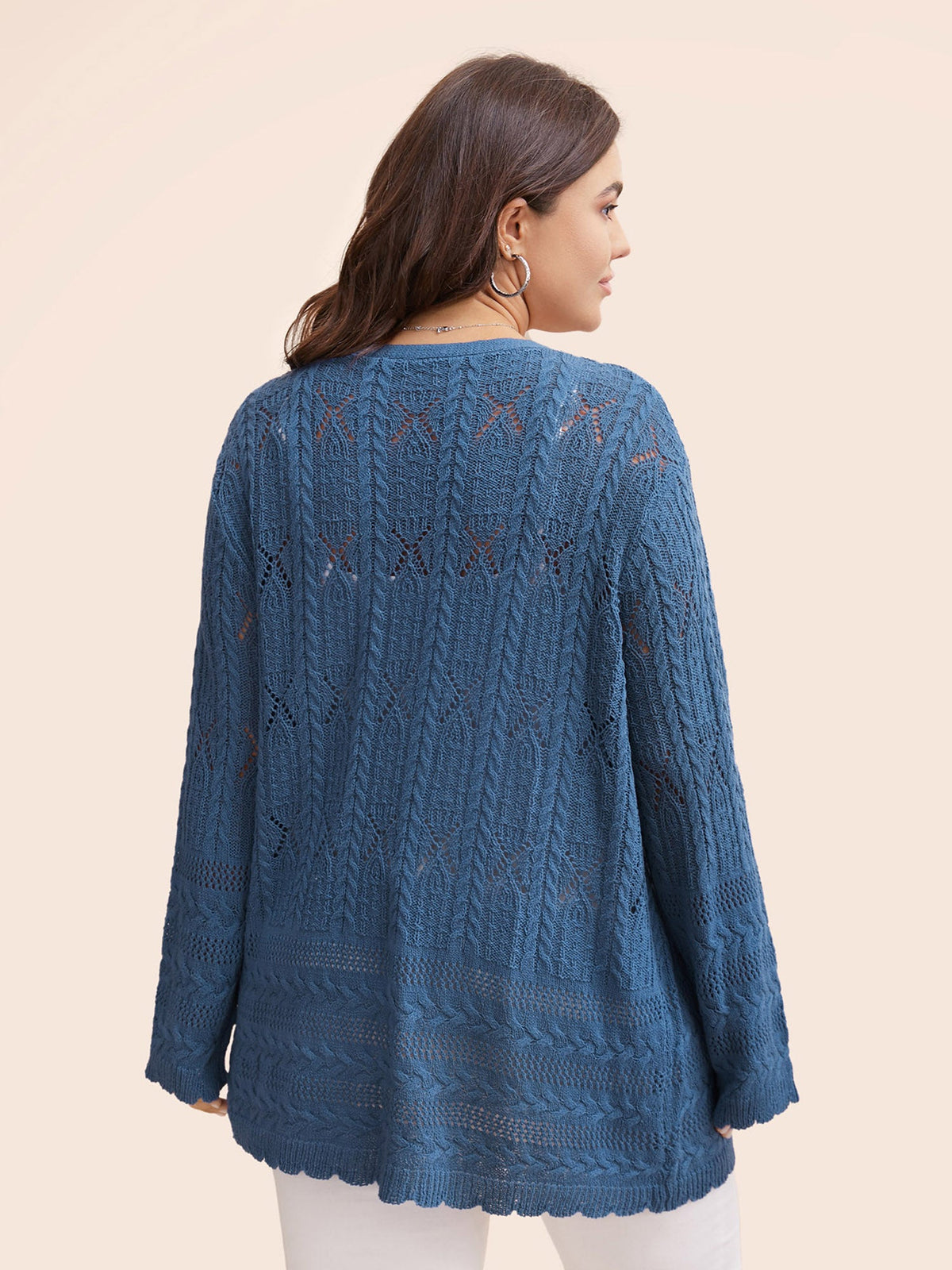 Solid Scalloped Trim Cable Knit Cardigan