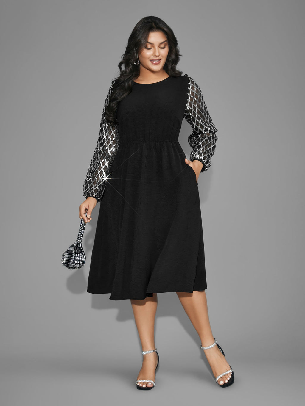 Texture Sequin Mesh Patchwork Midi Dress
