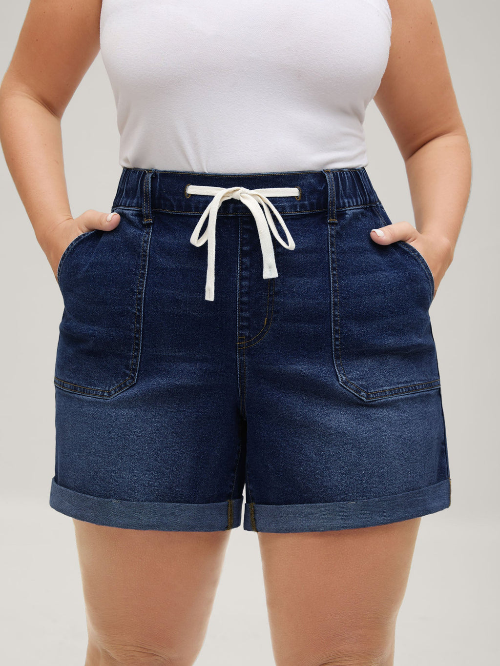 Pull-On Folded Hem High-Rise Denim Shorts