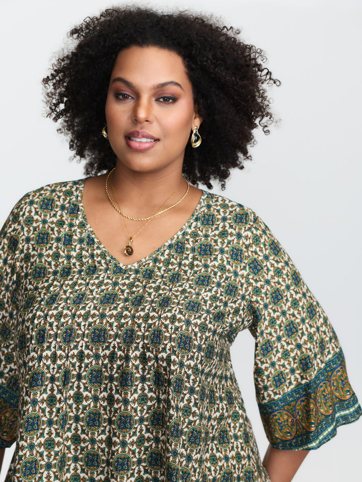 Pin-Tuck Pleat Ornate Print Relaxed Fit Shirt
