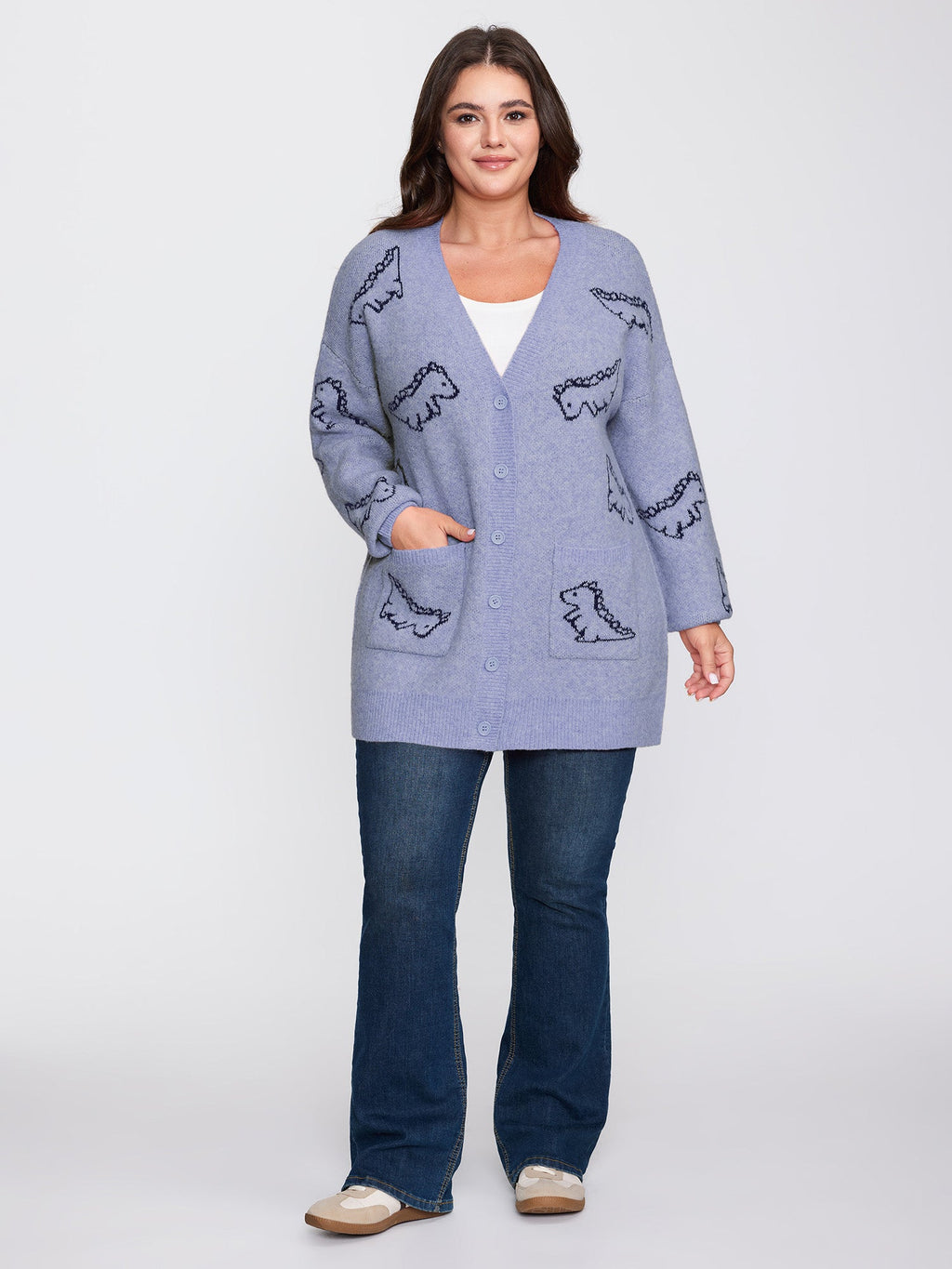 Jacquard Dinosaur Print Knit Cardigan