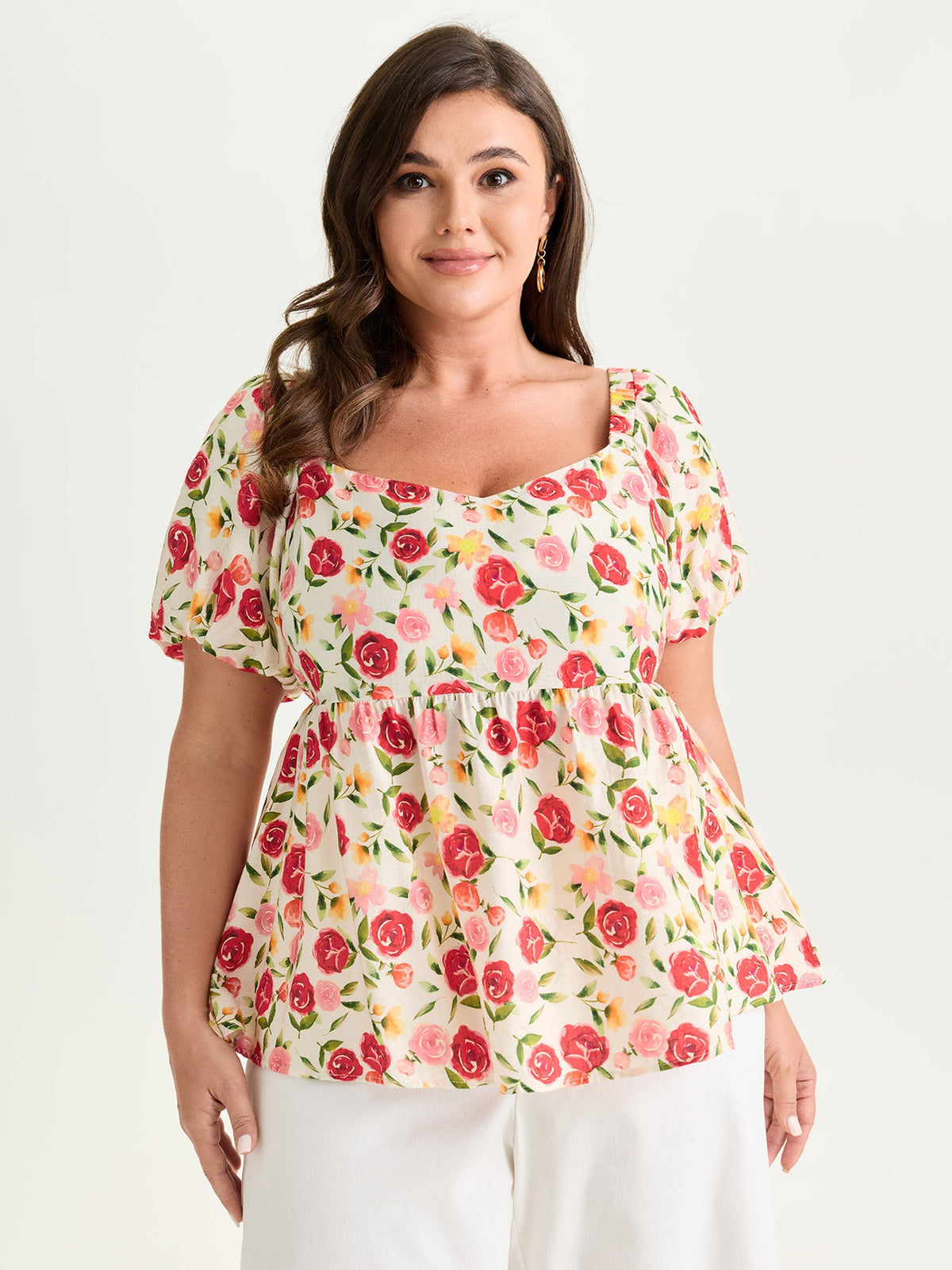 Rose Print Bubble Sleeve Babydoll Blouse