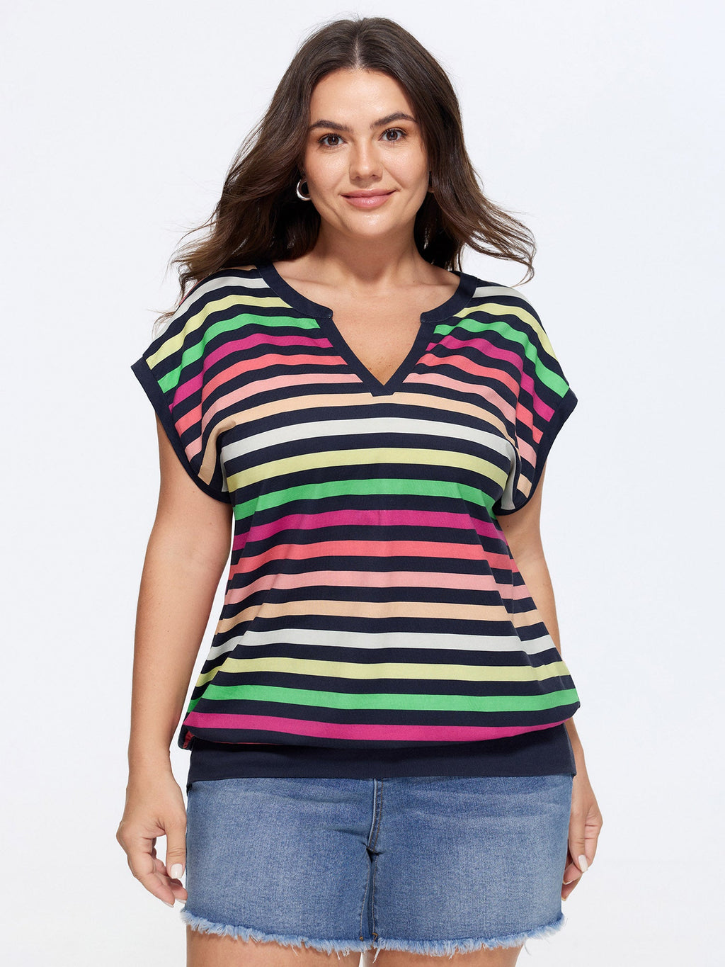 Cotton Stretchy Striped Notch Neck Top