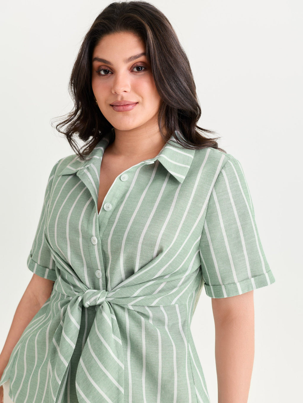 Striped Knotted Front Asymmetrical Hem Blouse