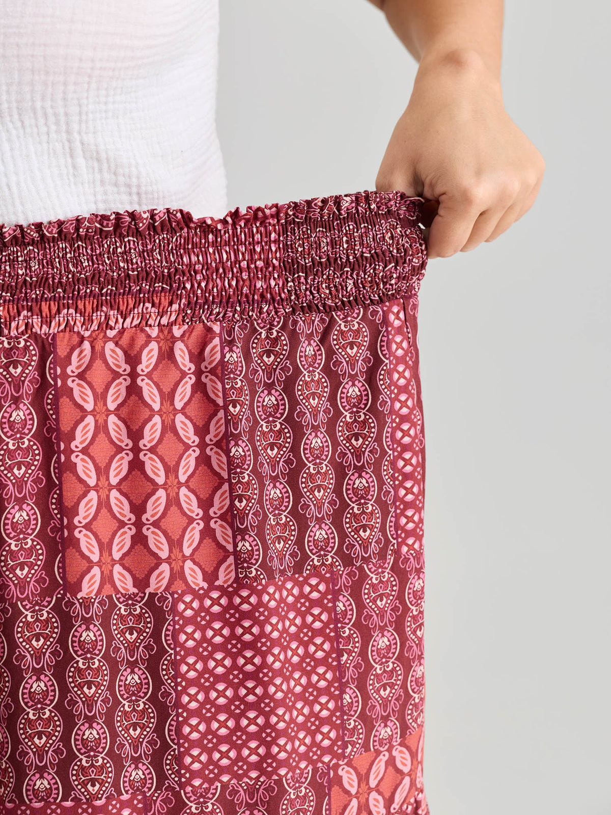 Geometric Print Flared Shirred Waist Pants