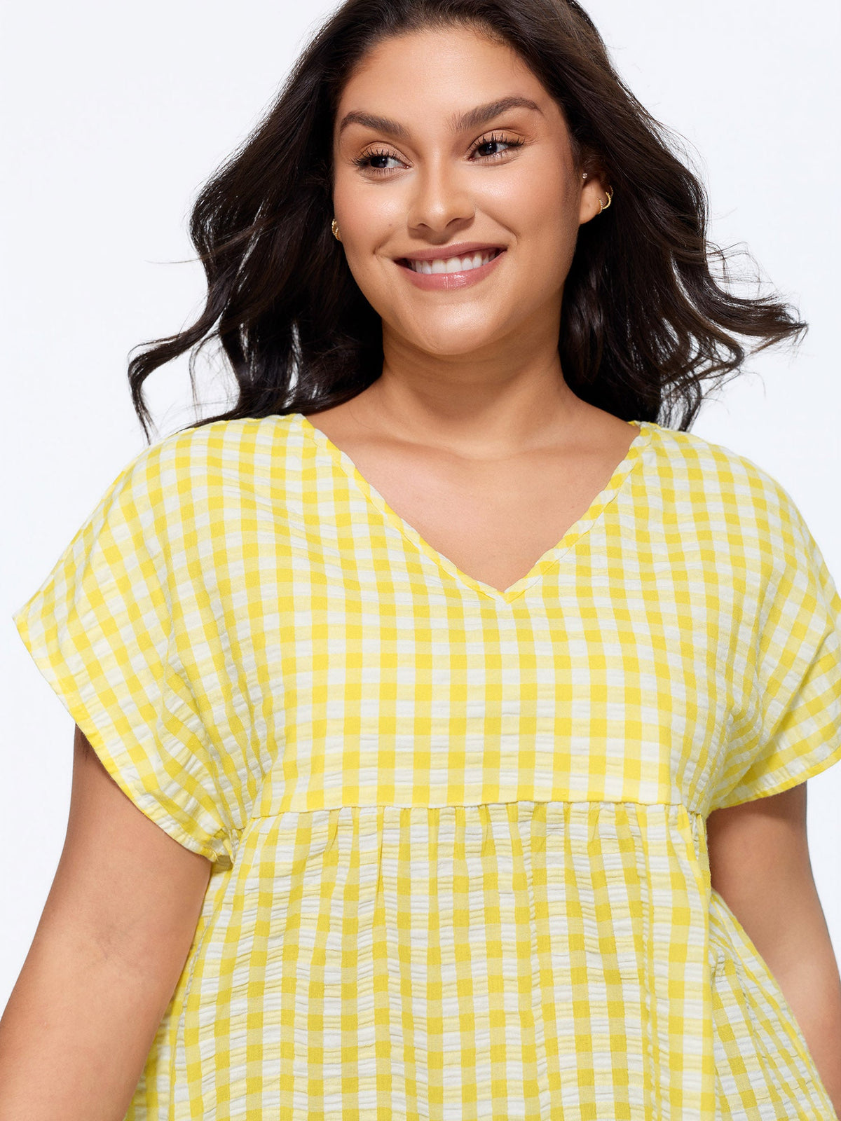 Cotton Gingham Print V-Neck Blouse