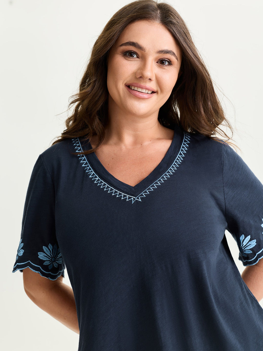 Cotton Stretchy V-Neck Floral Print T-Shirt