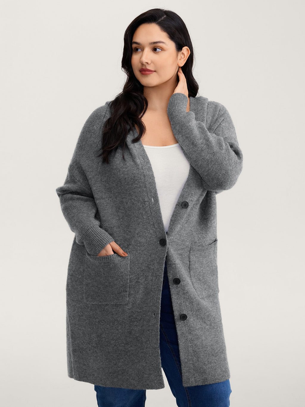 Hooded Button Slit Pockets Knit Cardigan