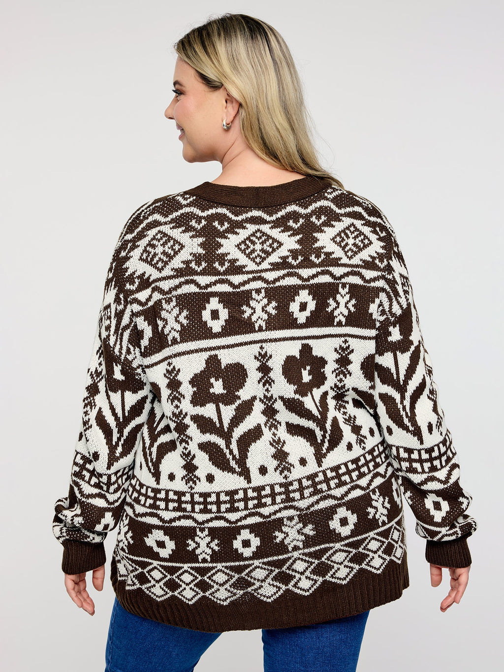Floral Pattern Pockets Button Knit Cardigan