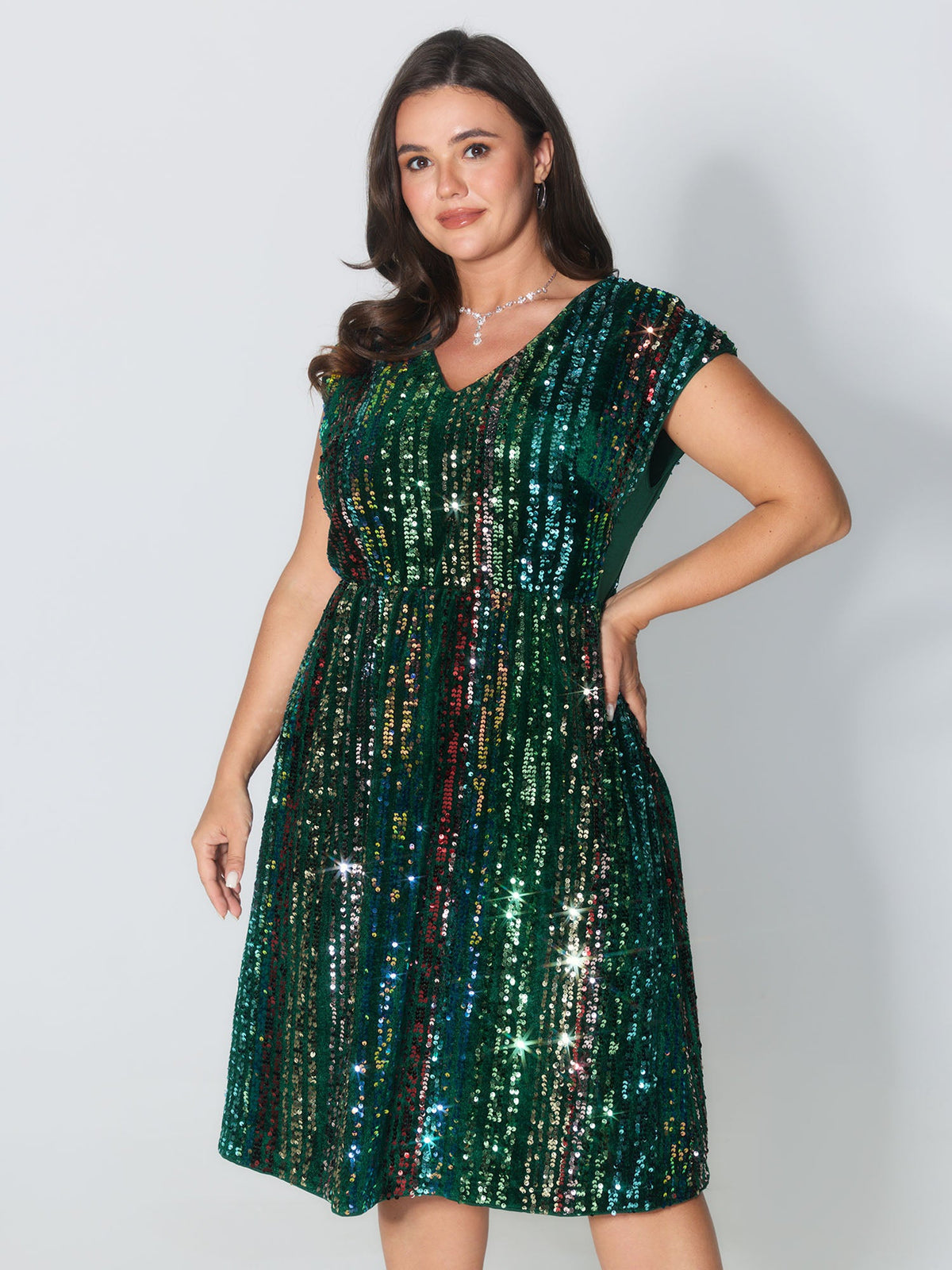 Shimmery Sequin Stripe Cinched-Waist Mini Dress