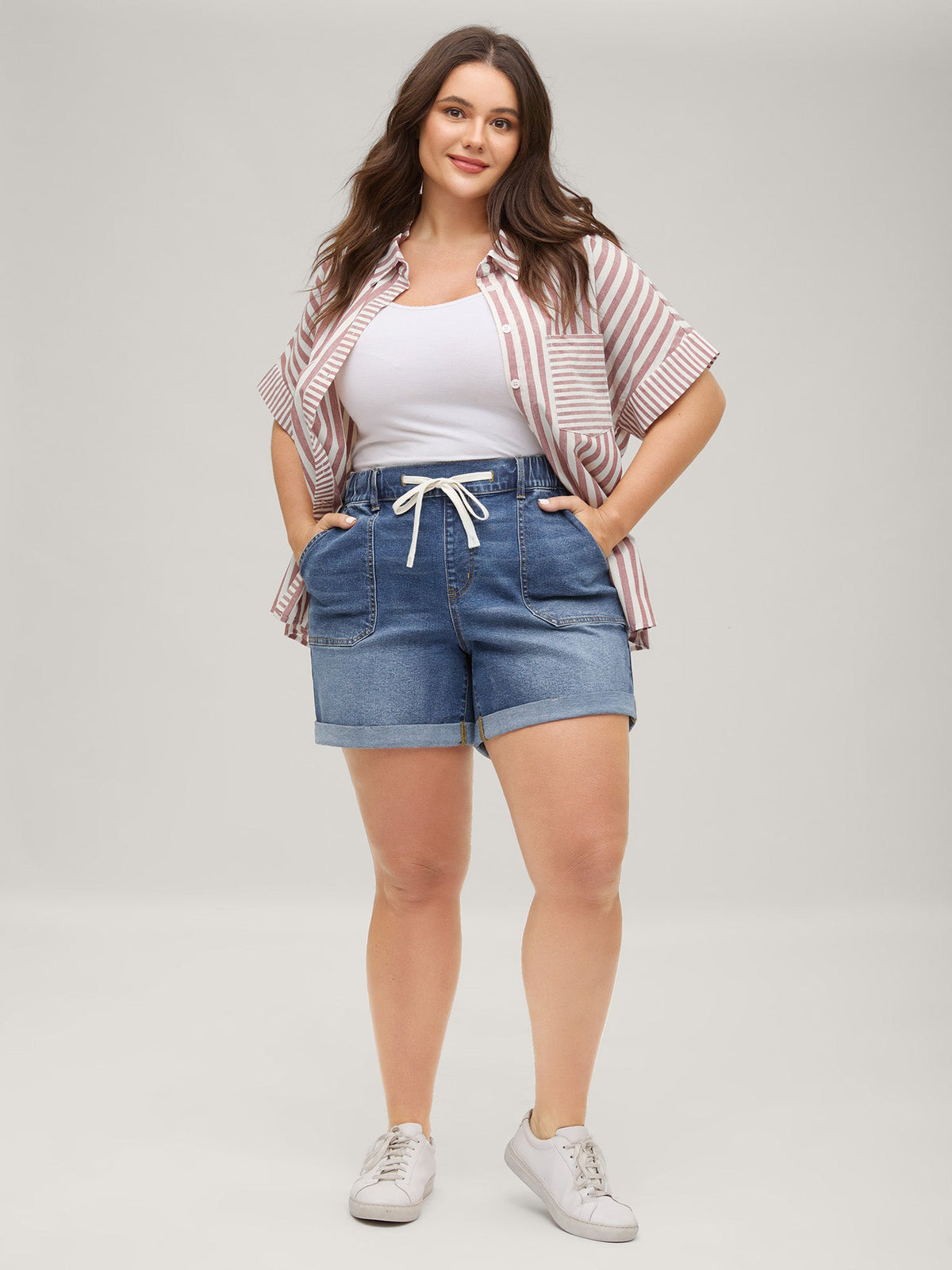 Pull-On Folded Hem High-Rise Denim Shorts