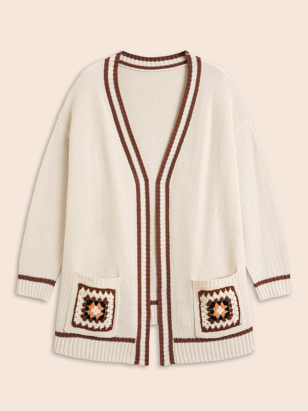 Crochet Floral Patch Pocket Drop Shoulder Cardigan