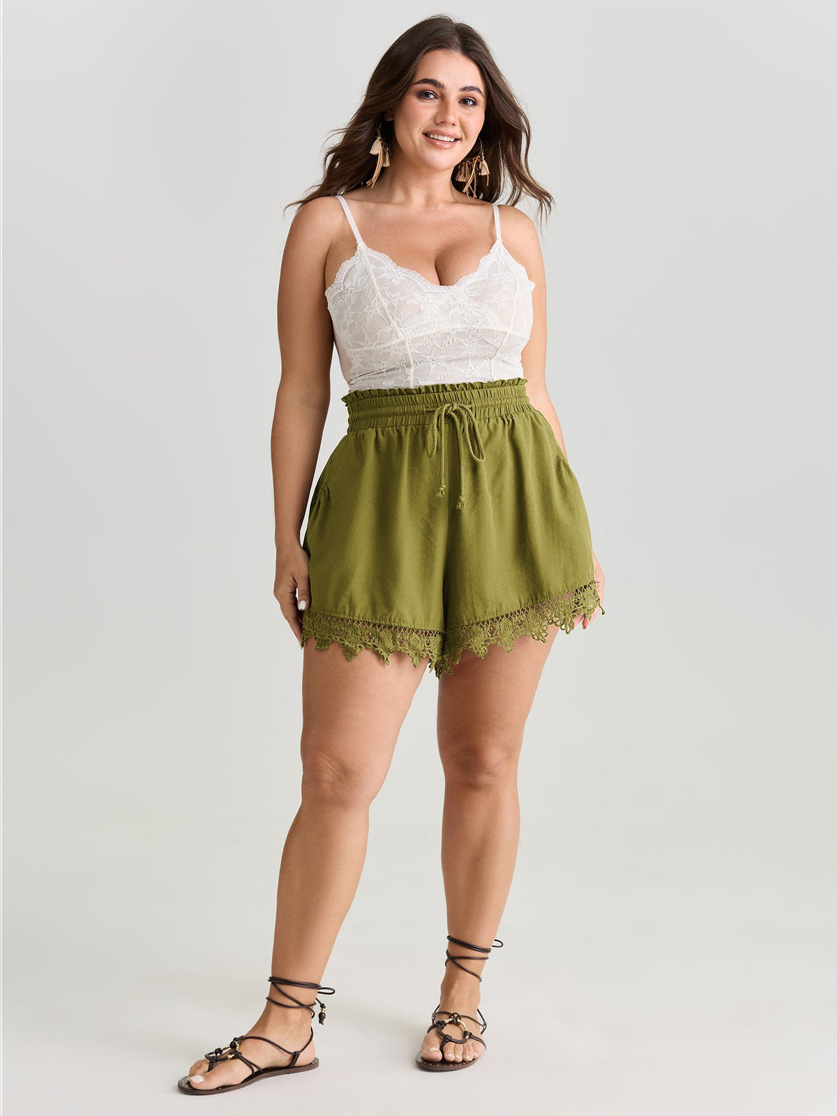 Cotton Lace Hem Drawstring Shorts
