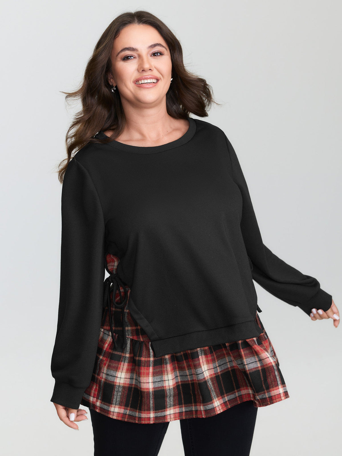 Plaid Pattern Layered Stretchy Sweatshirt