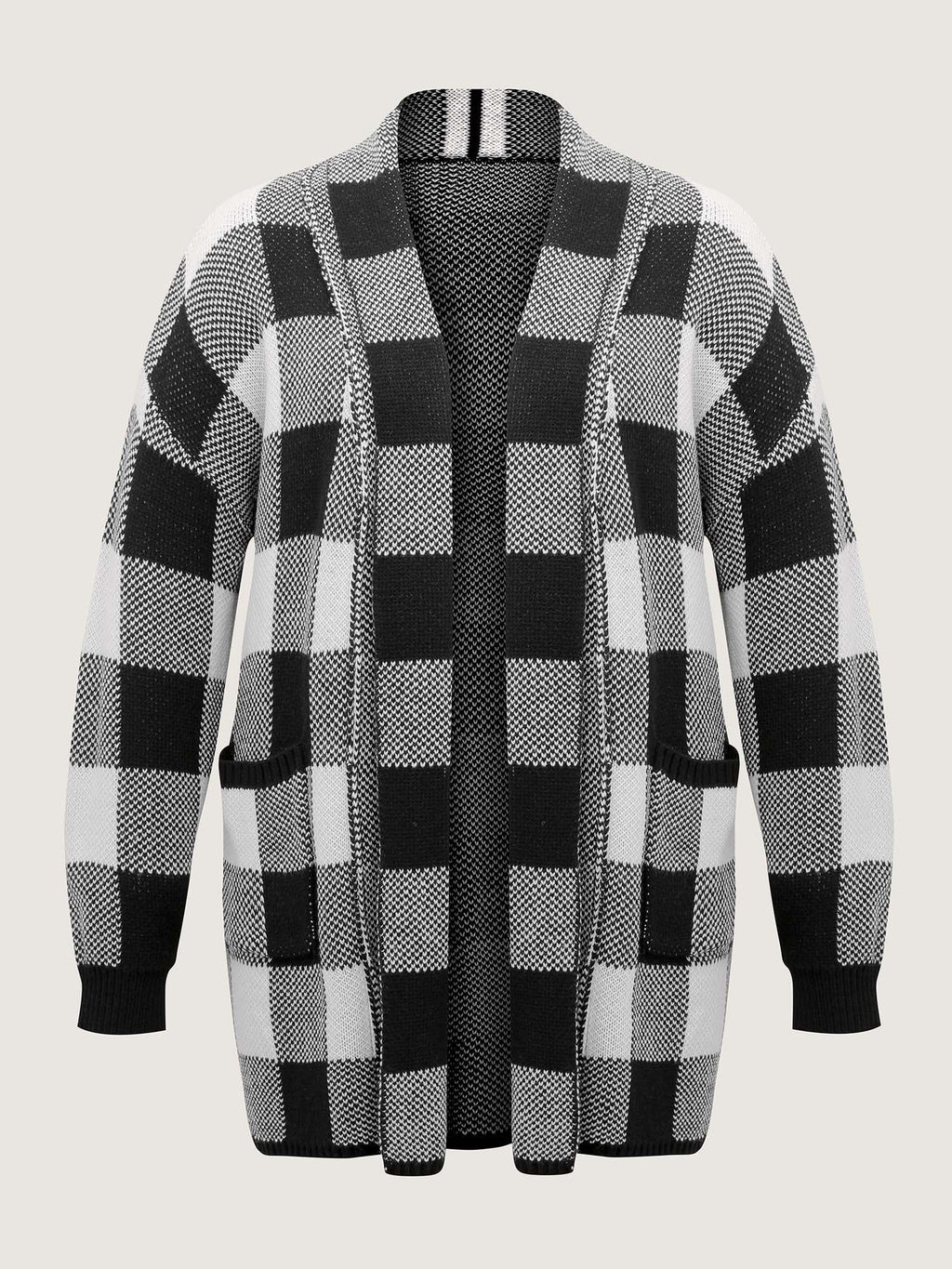 Checkered Jacquard Folded Collar Knit Cardigan