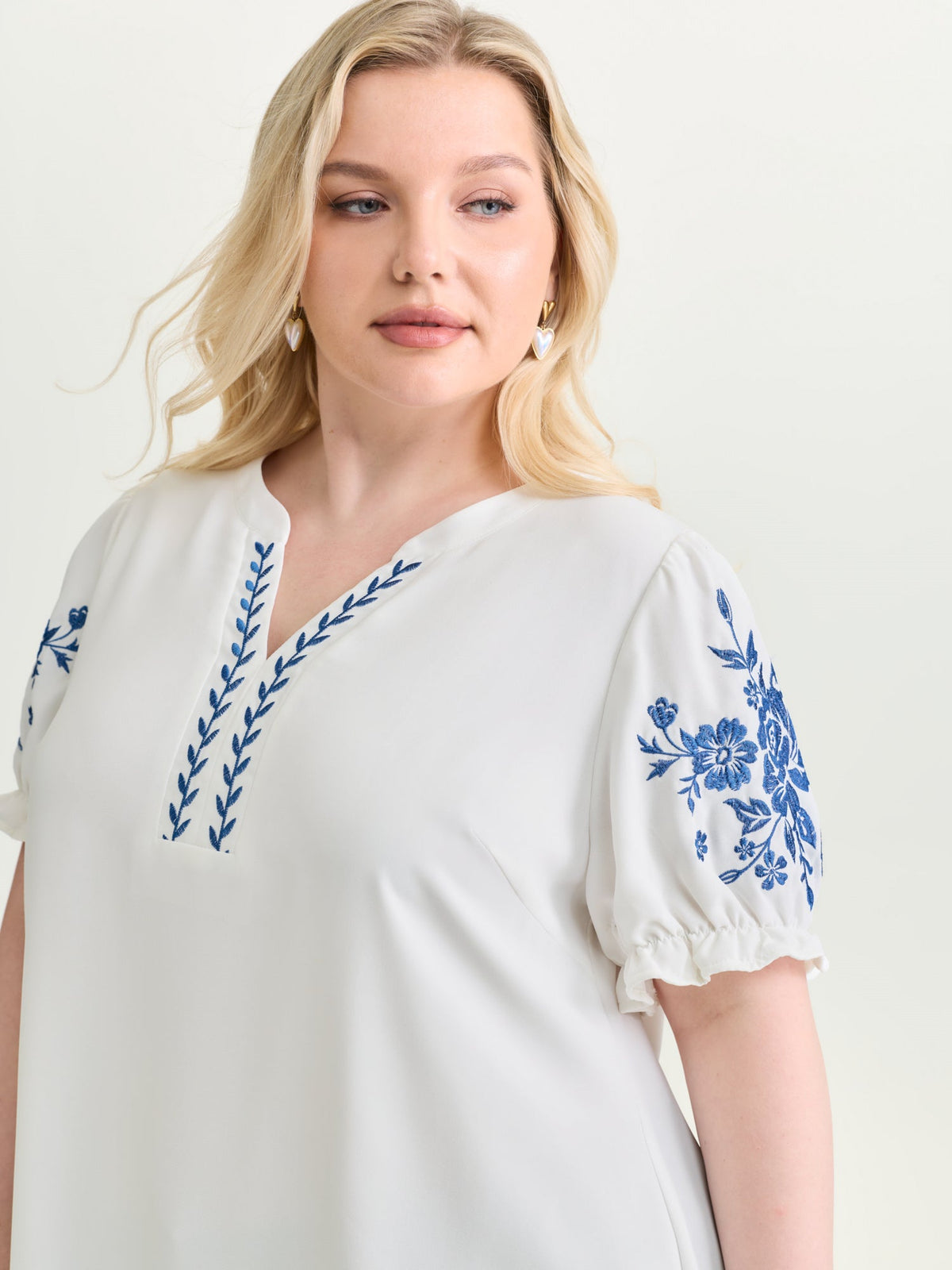 Notched Collar Embroidered Ruffled Blouse