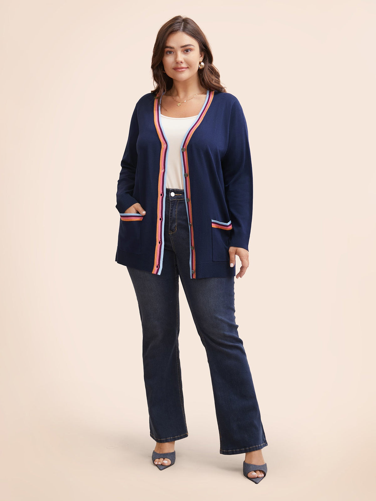 Contrast Striped Trim Patch Pocket Cardigan