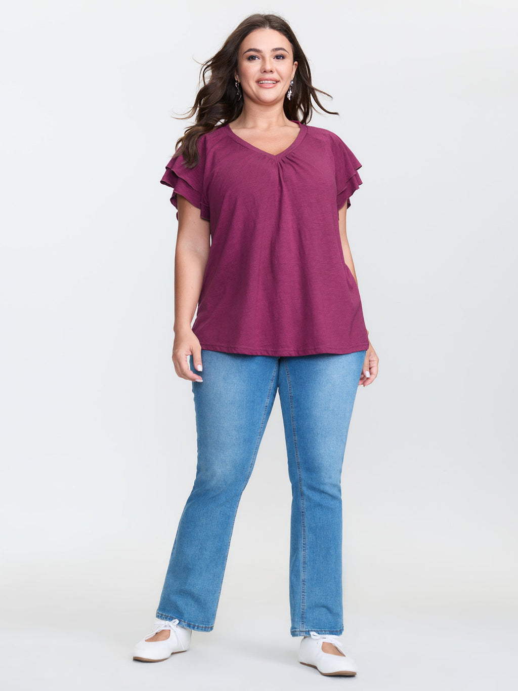 Stretchy Textured Flared Sleeve T-Shirt
