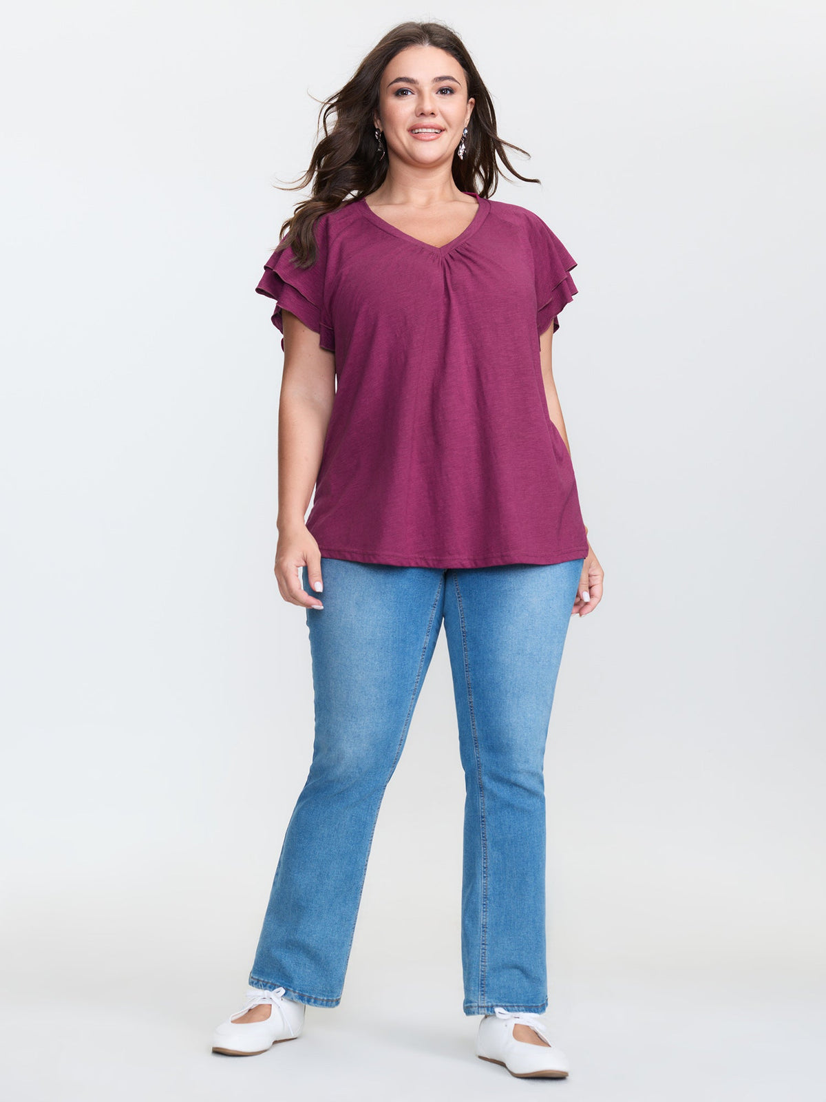Stretchy Textured Flared Sleeve T-Shirt