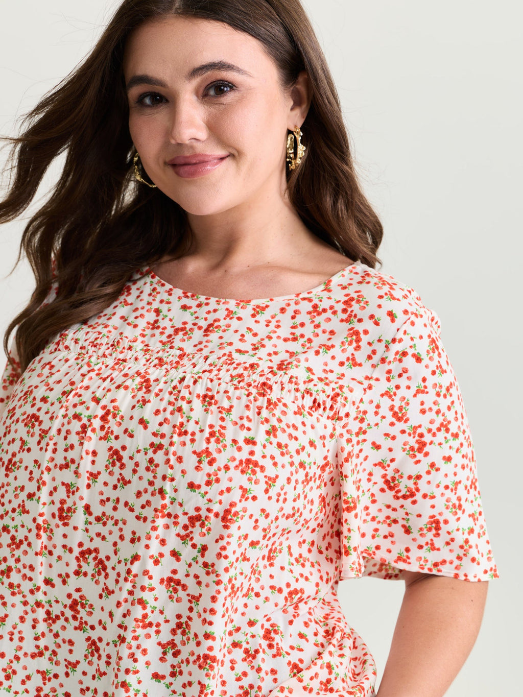 Floral Ruffle Sleeve Gathered Round Neck Blouse