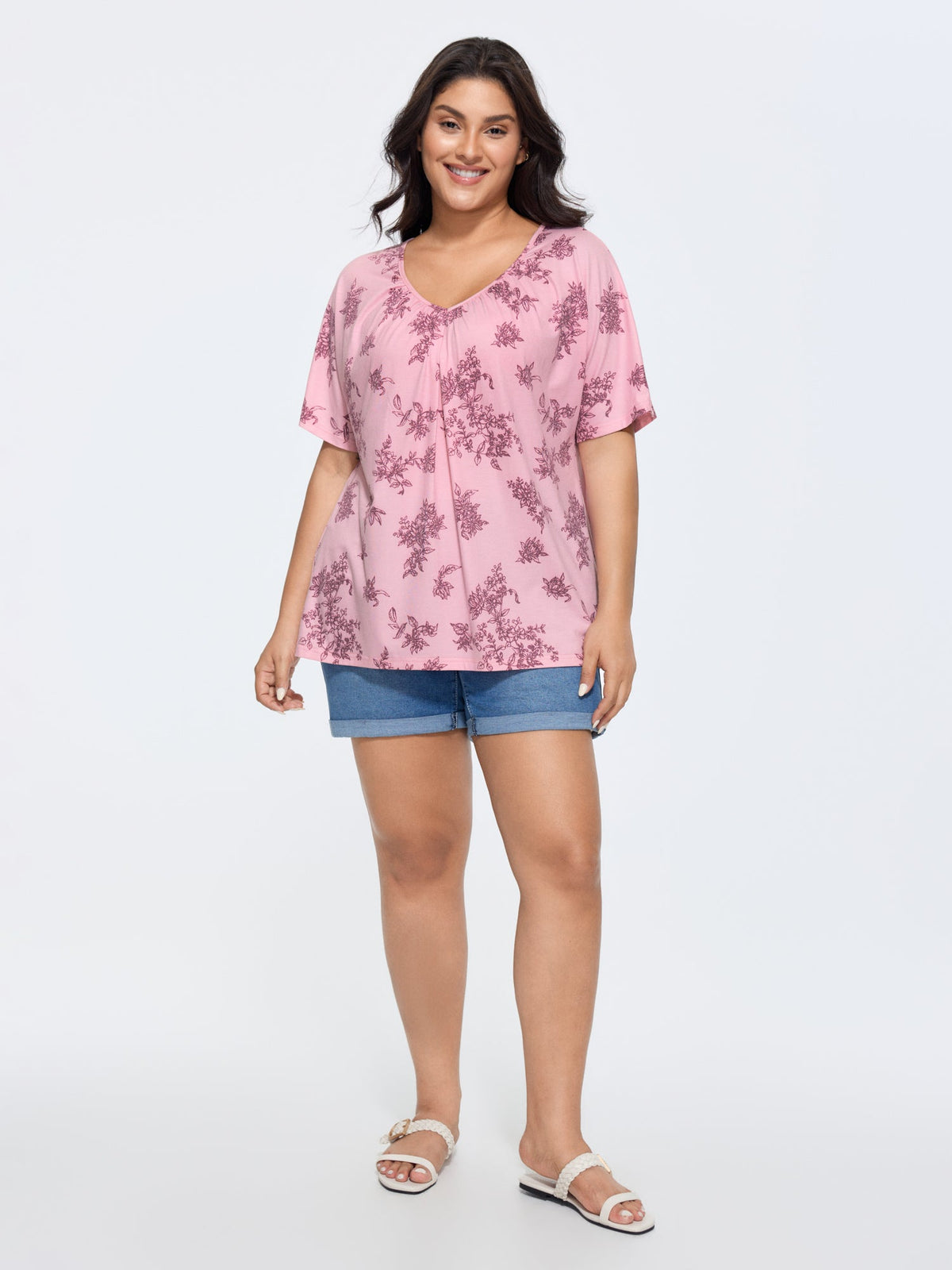 Pleated Plain Half-Sleeve Knit Top