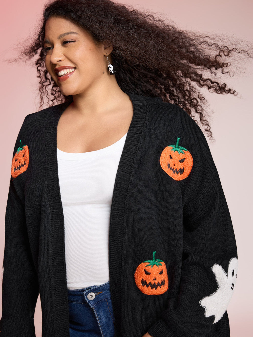Pumpkin Ghost Embroidery Open Cardigan