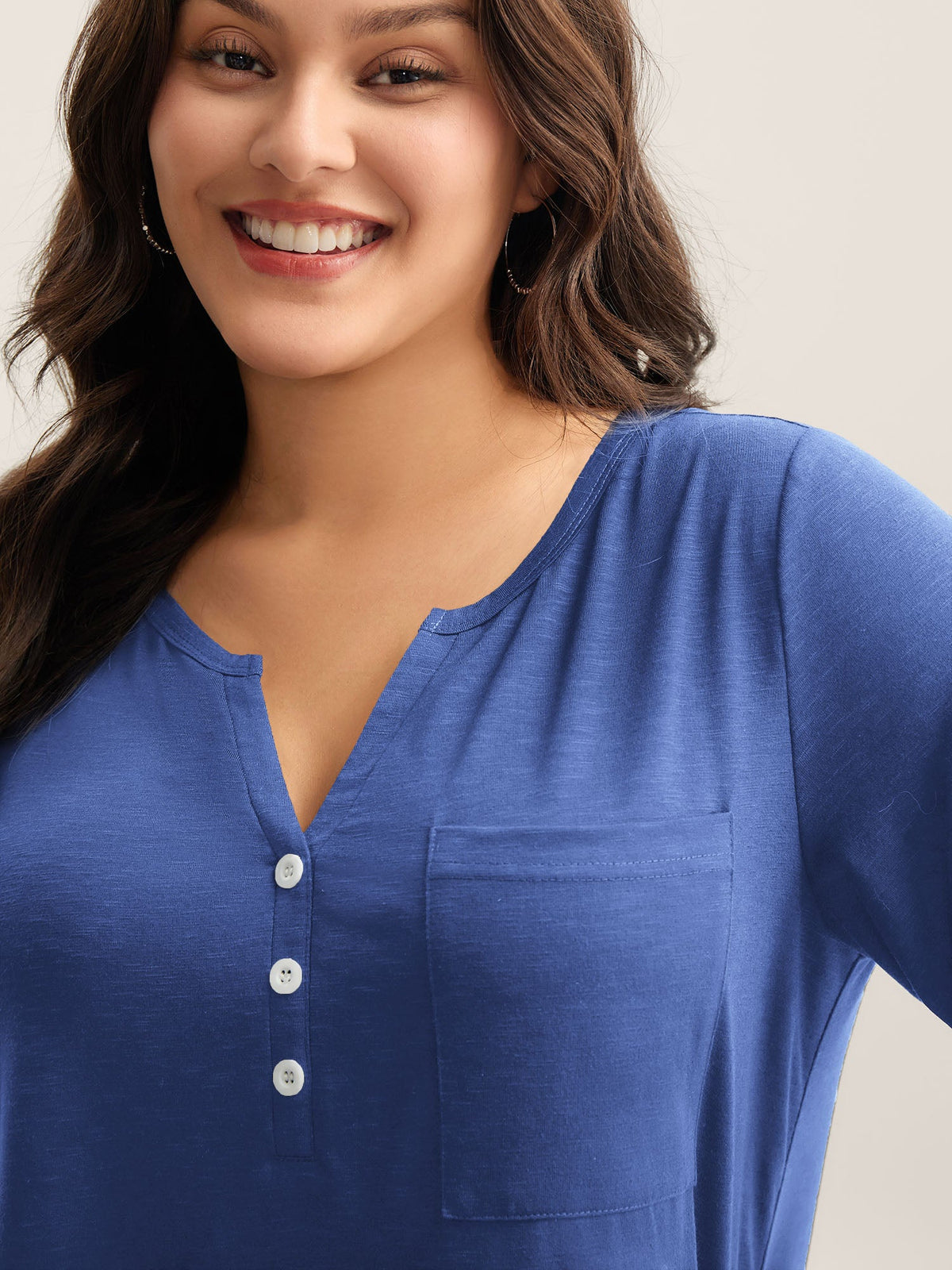 Solid Split Neck Button Detail T-Shirt