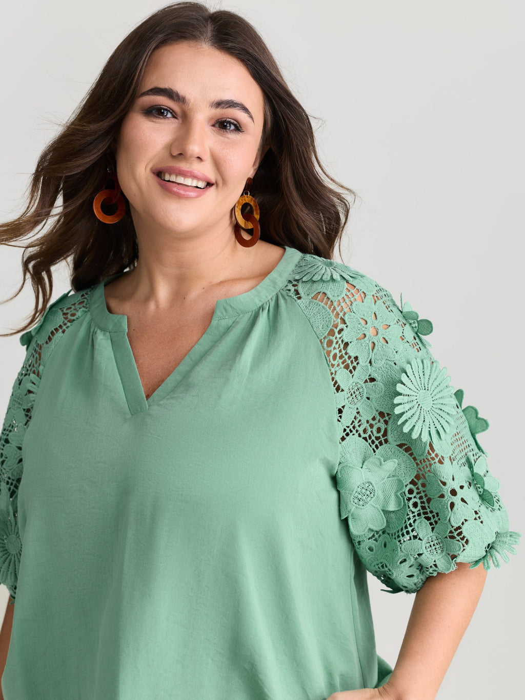 3D Floral Sleeve Spliced Flowy Blouse