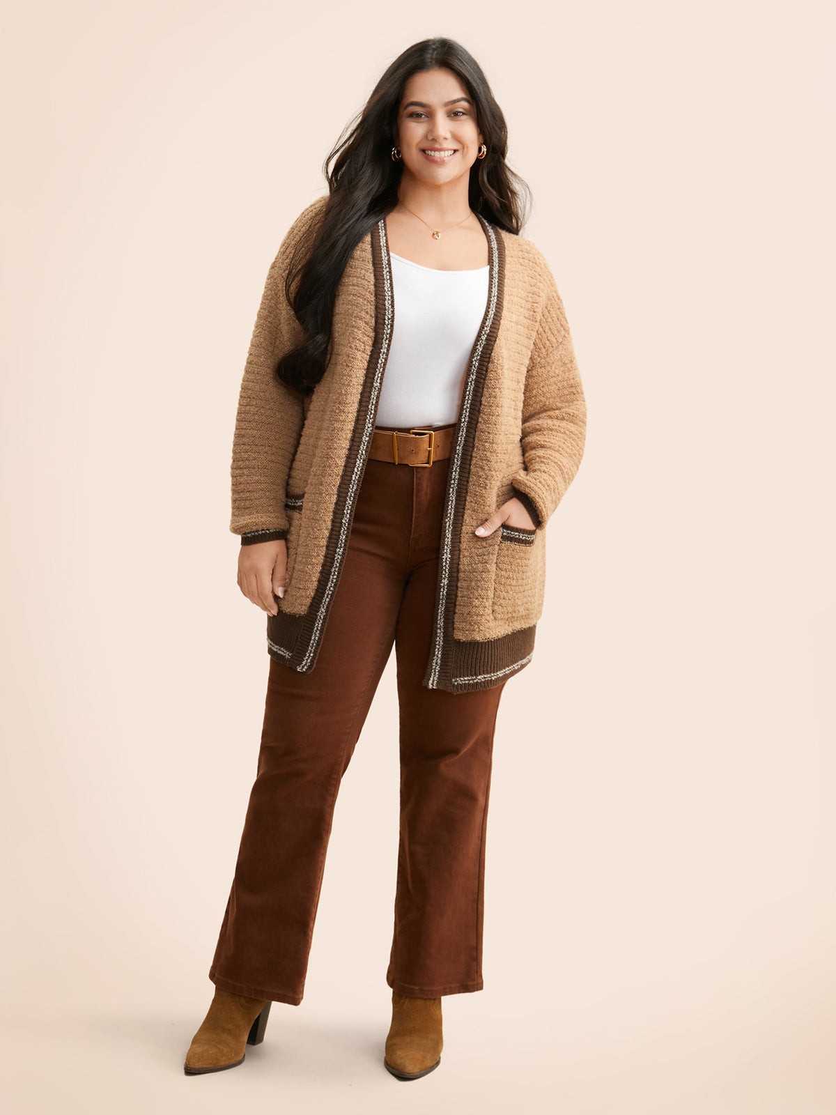 Texture Contrast Drop Shoulder Sleeve Cardigan