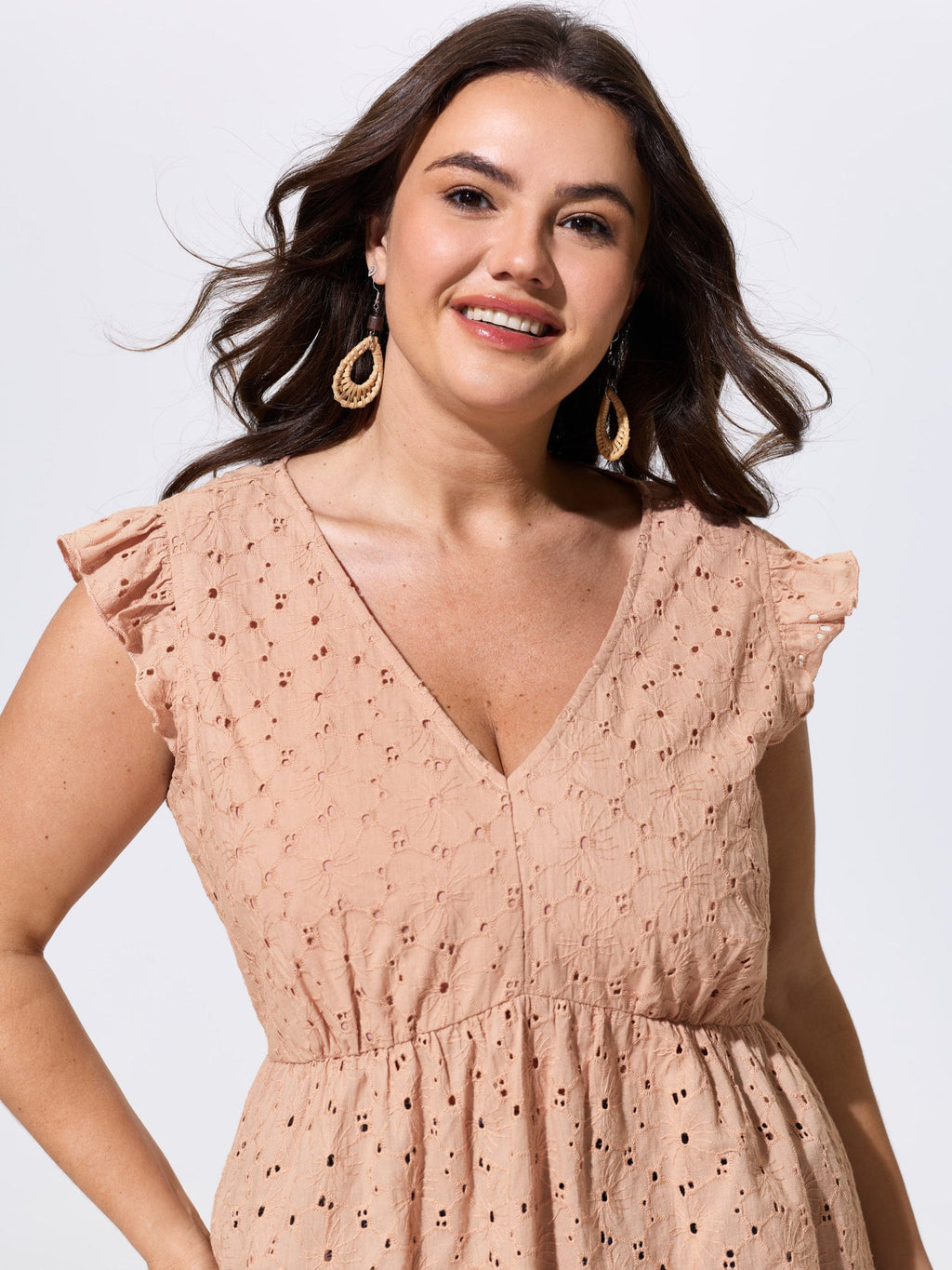 Cotton Eyelet Trim Flutter Sleeve Blouse