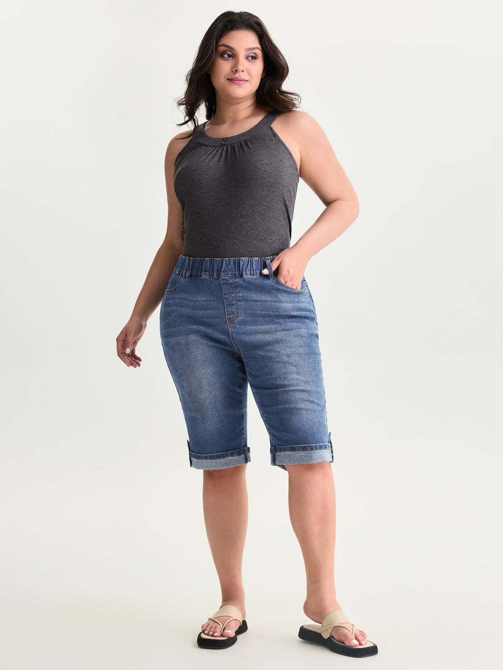 Pull-On Stretchy Denim Shorts