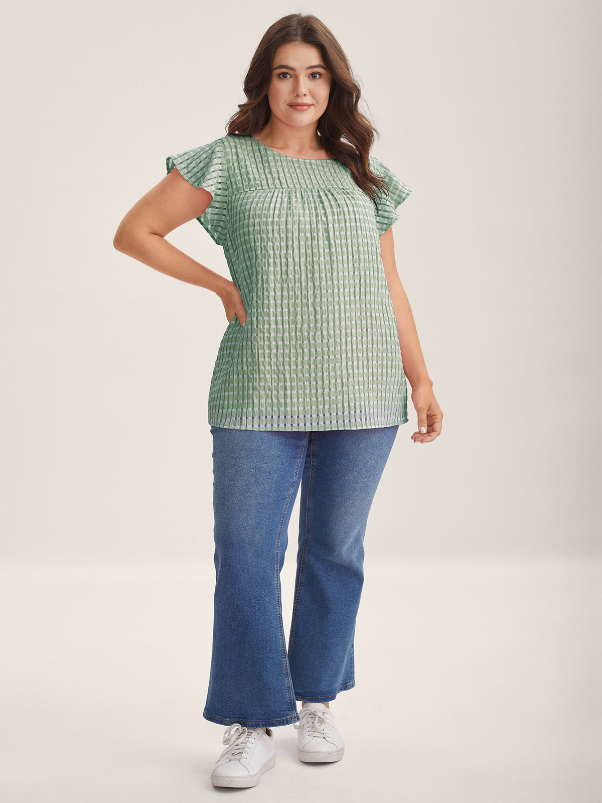 Textured Sheer Lined Flutter Sleeve Blouse