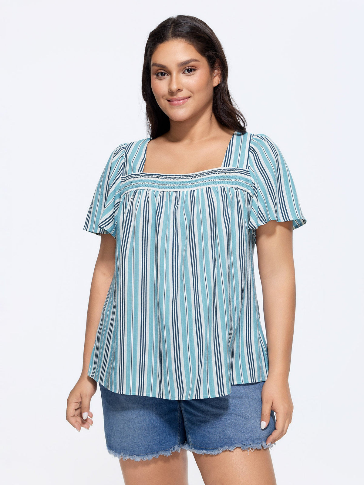 Striped Print Shirred Neckline Blouse