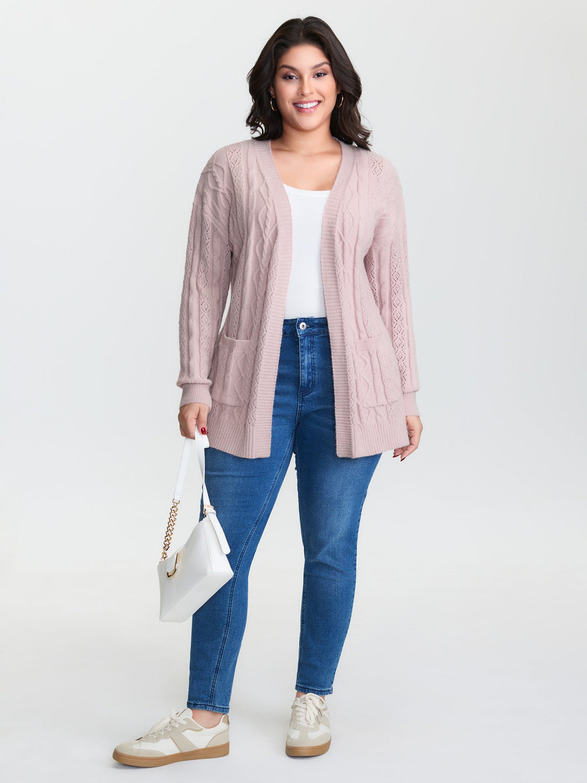 Textured Cut-Out Open-Front Knit Cardigan