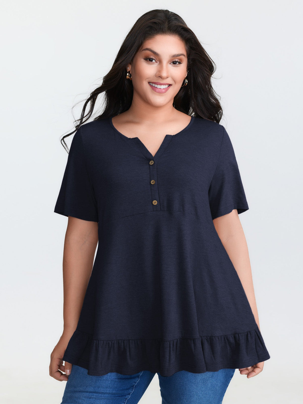 Supersoft Stretchy Ruffled Hemline Button T-Shirt