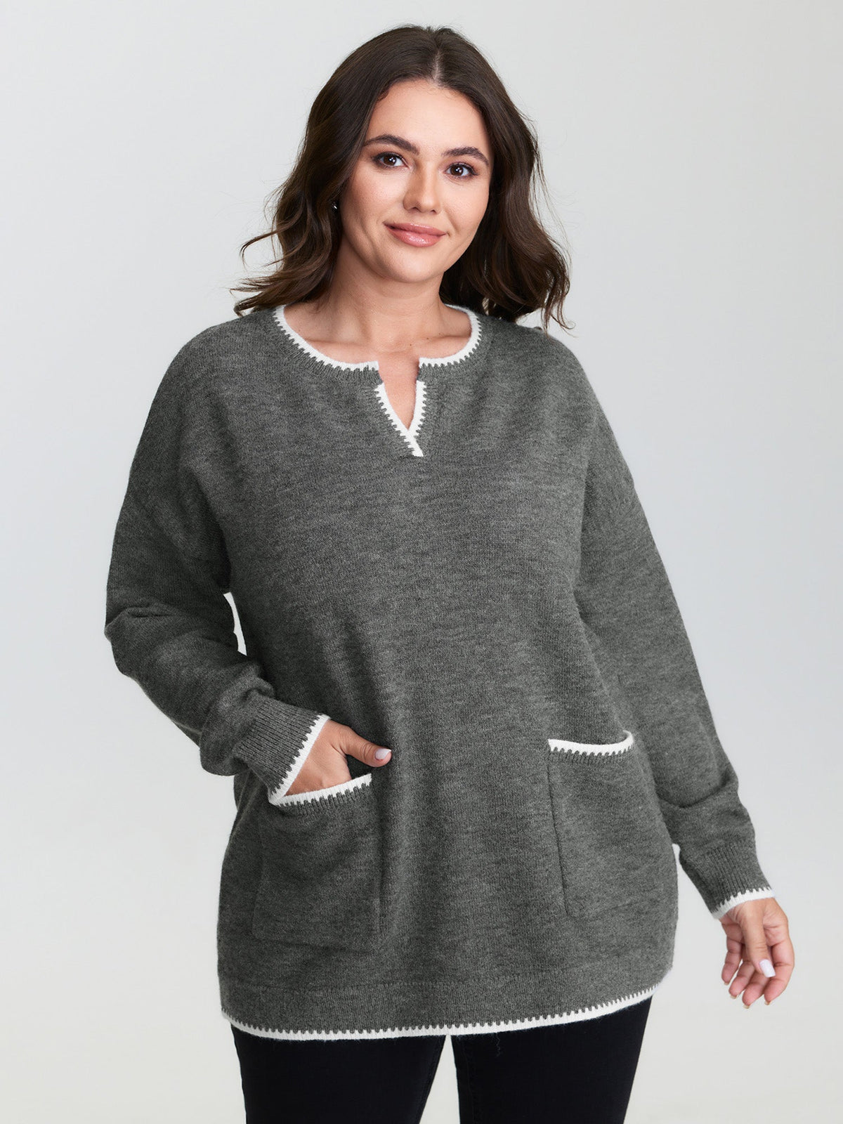 Color Contrast Patch Pockets Split Neckline Pullover