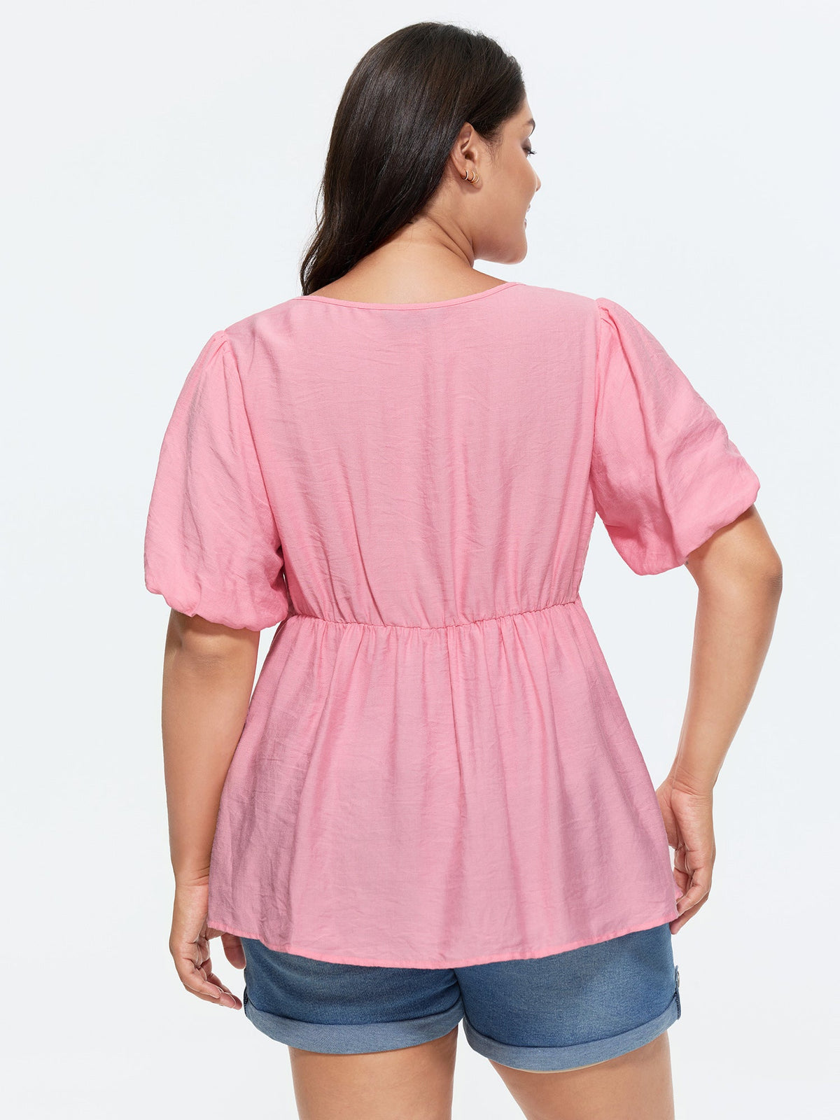 Cotton Eyelet Embroidered V-Neck Bubble Sleeve Blouse