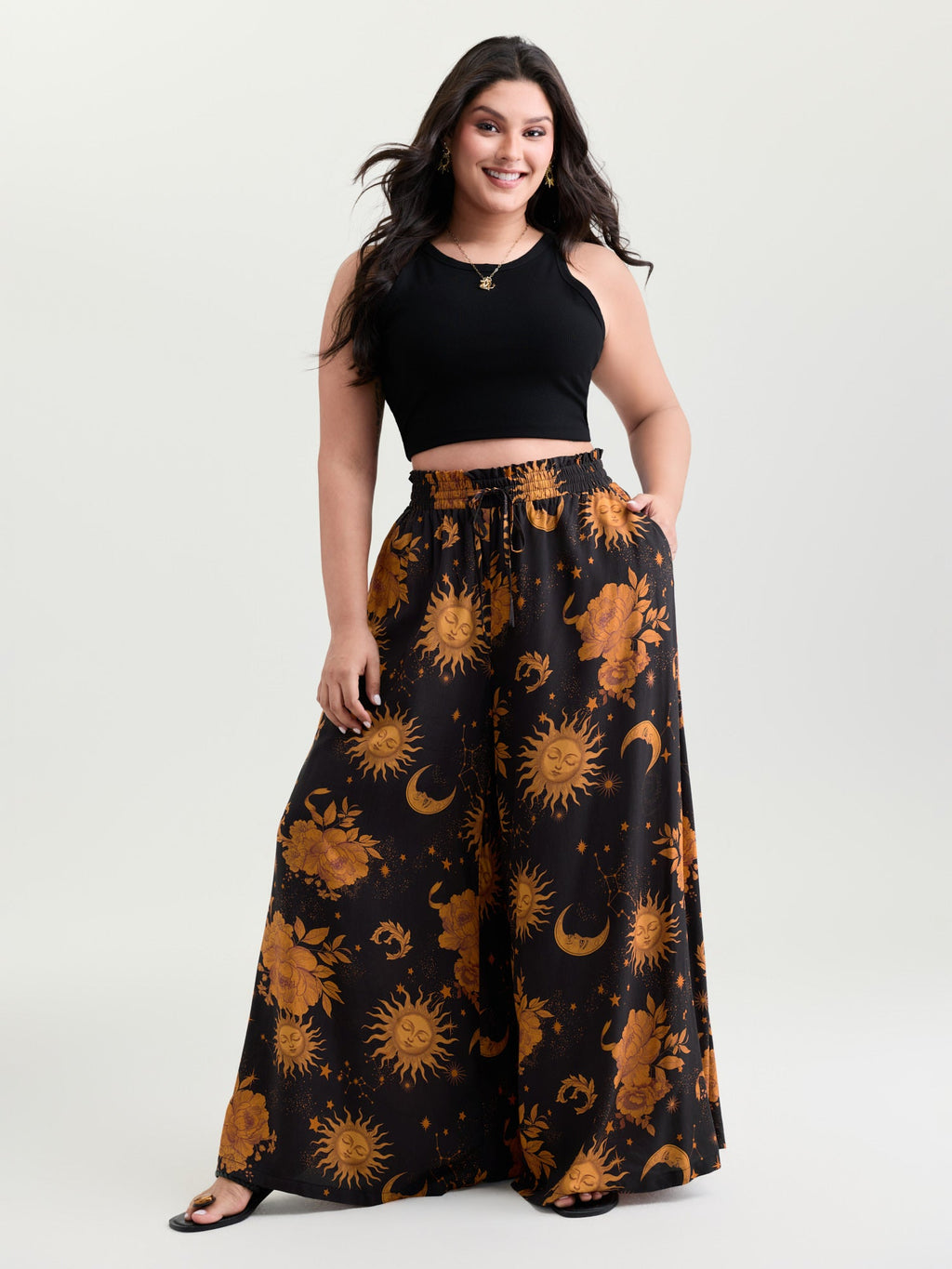 Star Moon Print Wide Waistband Pants