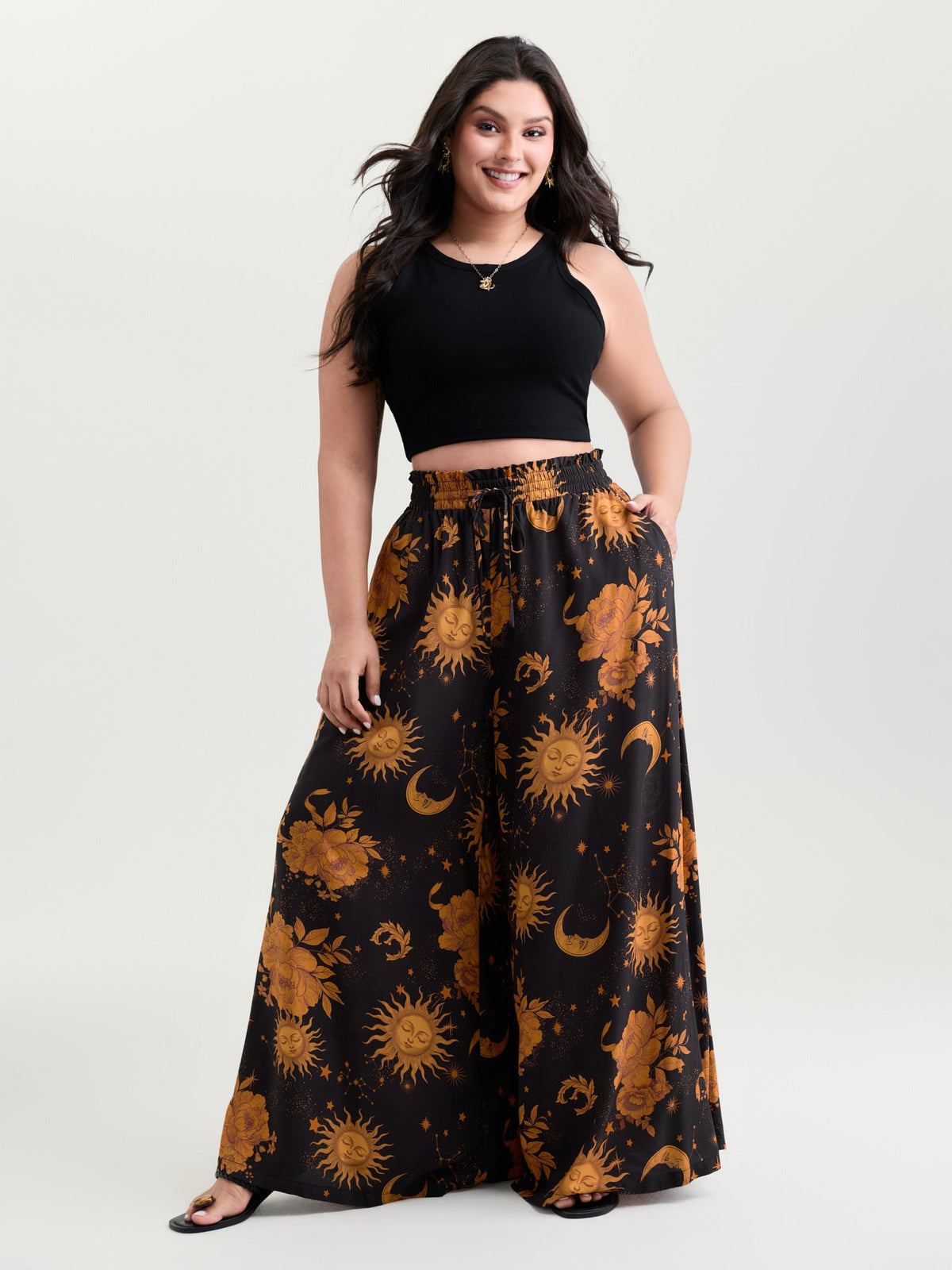 Star Moon Print Wide Waistband Pants